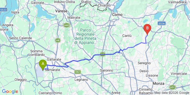 Map: Milan Malpensa Airport (MXP) to Inverigo