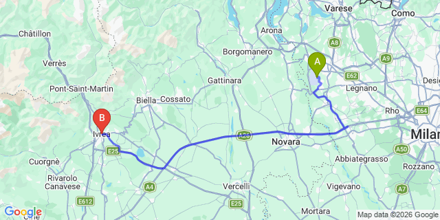 Map: Milan Malpensa Airport (MXP) to Ivrea