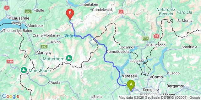 Map: Milan Malpensa Airport (MXP) to Kandersteg