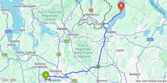 Map: Milan Malpensa Airport (MXP) to Laglio (Lago di Como)