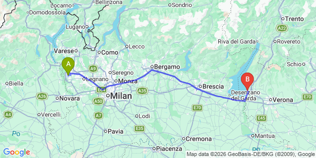 Map: Milan Malpensa Airport (MXP) to Lazise Lake Garda
