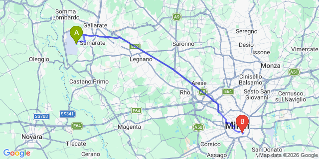 Map: Milan Malpensa Airport (MXP) to Lenno (Lago di Como)