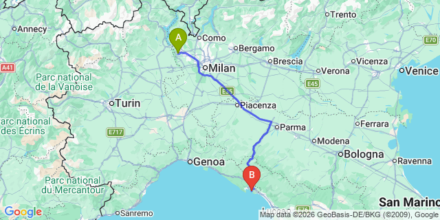 Map: Milan Malpensa Airport (MXP) to Lerici