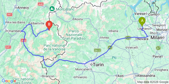 Map: Milan Malpensa Airport (MXP) to Les Arcs (1600 / 1800)