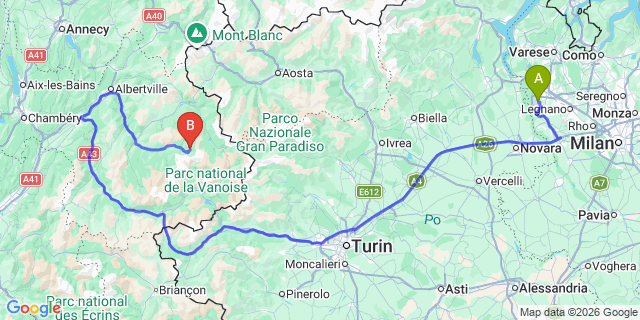 Map: Milan Malpensa Airport (MXP) to Les Arcs (1950 / 2000)