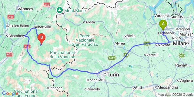 Map: Milan Malpensa Airport (MXP) to Les Menuires