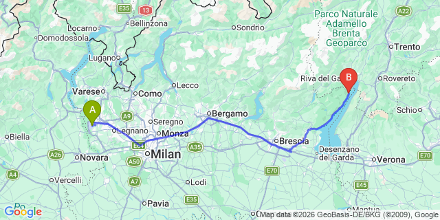 Map: Milan Malpensa Airport (MXP) to Limone sul Garda Lake Garda