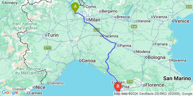 Map: Milan Malpensa Airport (MXP) to Livorno