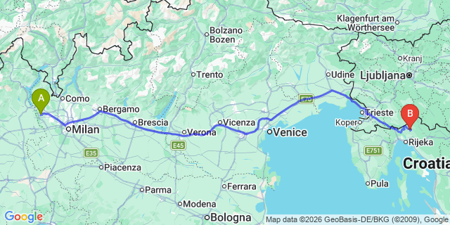 Map: Milan Malpensa Airport (MXP) to Ljubljana