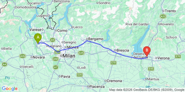 Map: Milan Malpensa Airport (MXP) to Malcesine (Lago di Garda)
