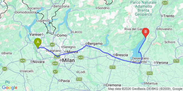Map: Milan Malpensa Airport (MXP) to Malcesine Lake Garda