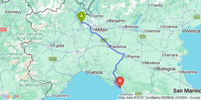 Map: Milan Malpensa Airport (MXP) to Marina di Massa