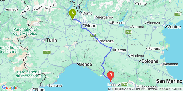 Map: Milan Malpensa Airport (MXP) to Marina di Pietrasanta