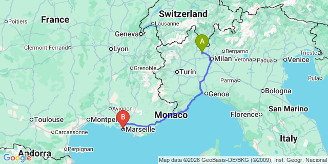 Map: Milan Malpensa Airport (MXP) to Marseille city (all areas)