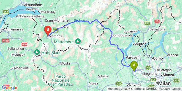 Map: Milan Malpensa Airport (MXP) to Martigny
