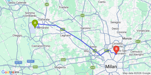 Map: Milan Malpensa Airport (MXP) to Milan Bicocca