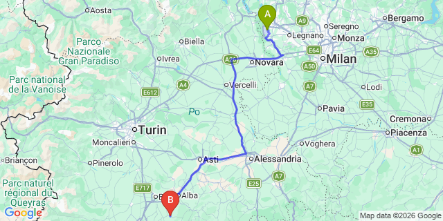 Map: Milan Malpensa Airport (MXP) to Monforte d’Alba