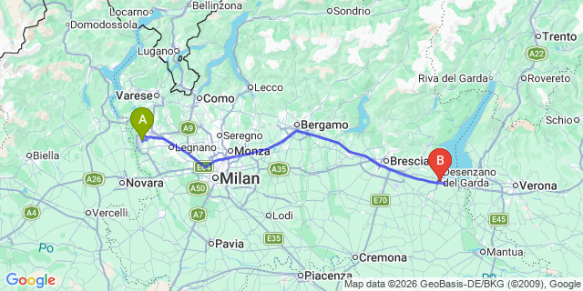 Map: Milan Malpensa Airport (MXP) to Moniga del Garda