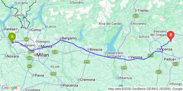 Map: Milan Malpensa Airport (MXP) to Montegrotto Terme