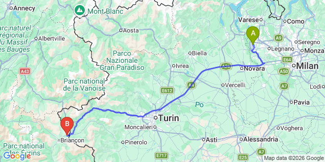 Map: Milan Malpensa Airport (MXP) to Montgenevre