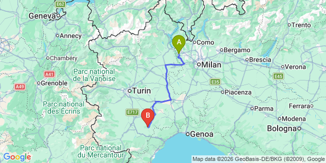 Map: Milan Malpensa Airport (MXP) to Niella Belbo