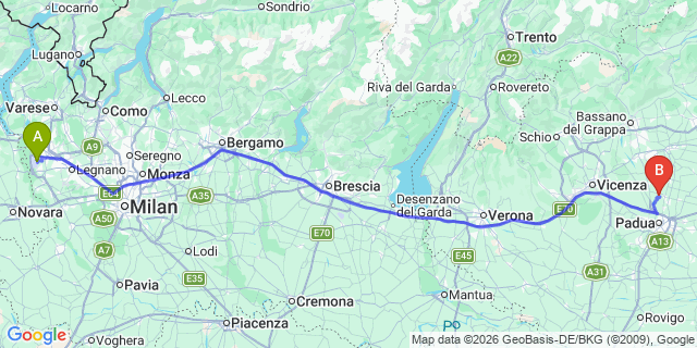 Map: Milan Malpensa Airport (MXP) to Padova