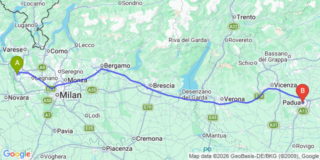Map: Milan Malpensa Airport (MXP) to Padua