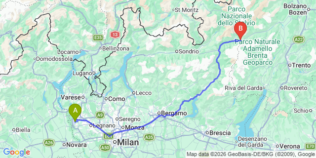 Map: Milan Malpensa Airport (MXP) to Passo del Tonale