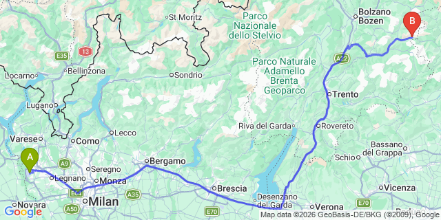 Map: Milan Malpensa Airport (MXP) to Passo San Pellegrino