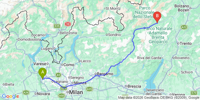 Map: Milan Malpensa Airport (MXP) to Pellizzano