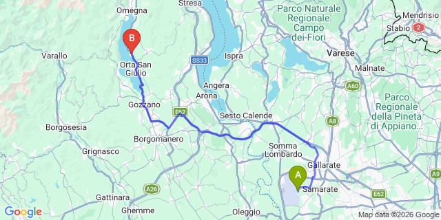 Map: Milan Malpensa Airport (MXP) to Pettenasco Lake Orta