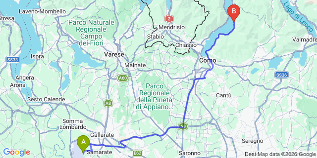 Map: Milan Malpensa Airport (MXP) to Pognana Lario
