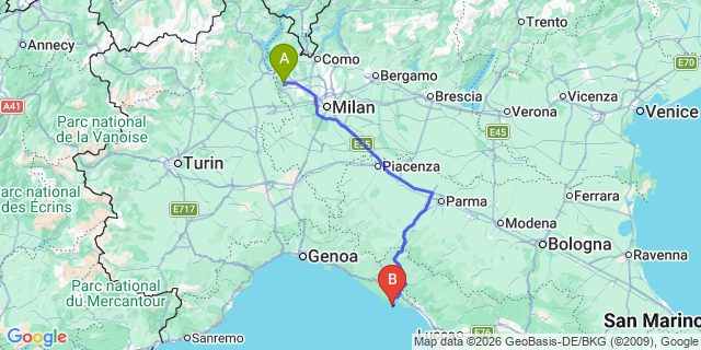 Map: Milan Malpensa Airport (MXP) to Porto Venere