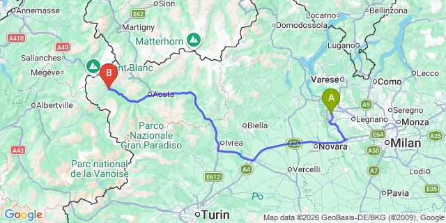 Map: Milan Malpensa Airport (MXP) to Pre-Saint-Didier