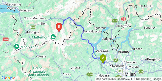 Map: Milan Malpensa Airport (MXP) to Randa (Switzerland)