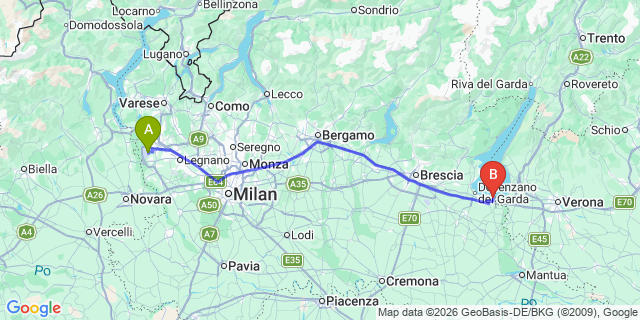 Map: Milan Malpensa Airport (MXP) to Reggio Emilia