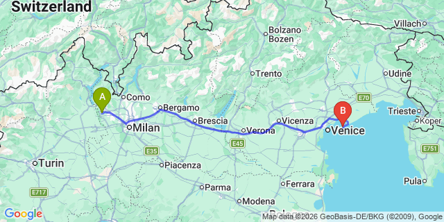 Map: Milan Malpensa Airport (MXP) to Rimini