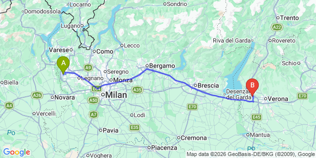 Map: Milan Malpensa Airport (MXP) to Riva del Garda
