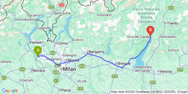 Map: Milan Malpensa Airport (MXP) to Riva del Garda Lake Garda