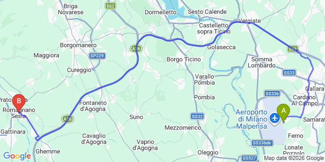 Map: Milan Malpensa Airport (MXP) to Romagnano Sesia