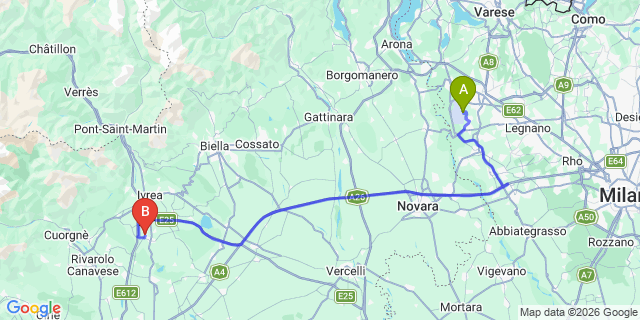 Map: Milan Malpensa Airport (MXP) to Romano Canavese