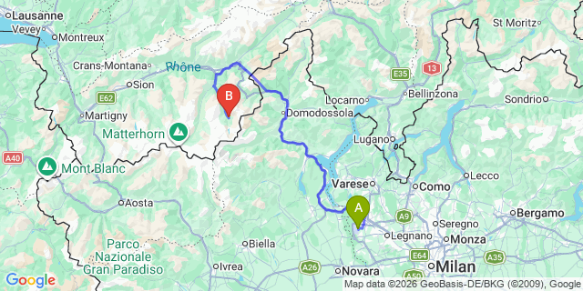 Map: Milan Malpensa Airport (MXP) to Saas-Almagell (Switzerland)