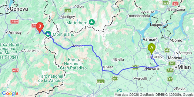 Map: Milan Malpensa Airport (MXP) to Saint-Gervais-les-Bains