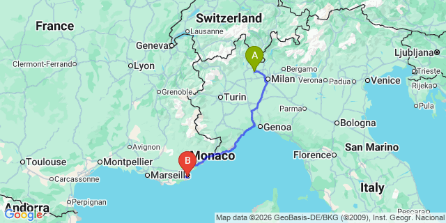 Map: Milan Malpensa Airport (MXP) to Saint Tropez