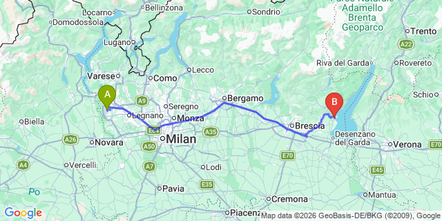 Map: Milan Malpensa Airport (MXP) to San Felice del Benaco Lake Garda