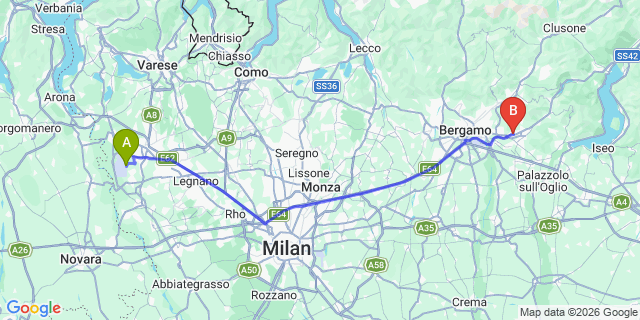 Map: Milan Malpensa Airport (MXP) to San Paolo d’Argon