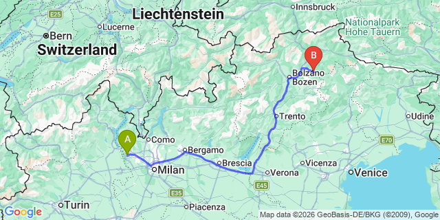 Map: Milan Malpensa Airport (MXP) to Santa Cristina Val Gardena