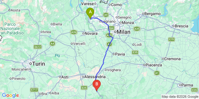 Map: Milan Malpensa Airport (MXP) to Serravalle Scrivia
