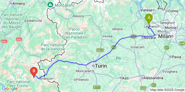 Map: Milan Malpensa Airport (MXP) to Serre Chevalier (La Salle-les-Alpes)