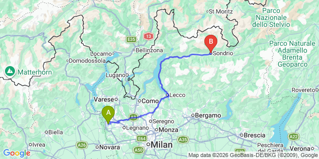 Map: Milan Malpensa Airport (MXP) to Sondrio